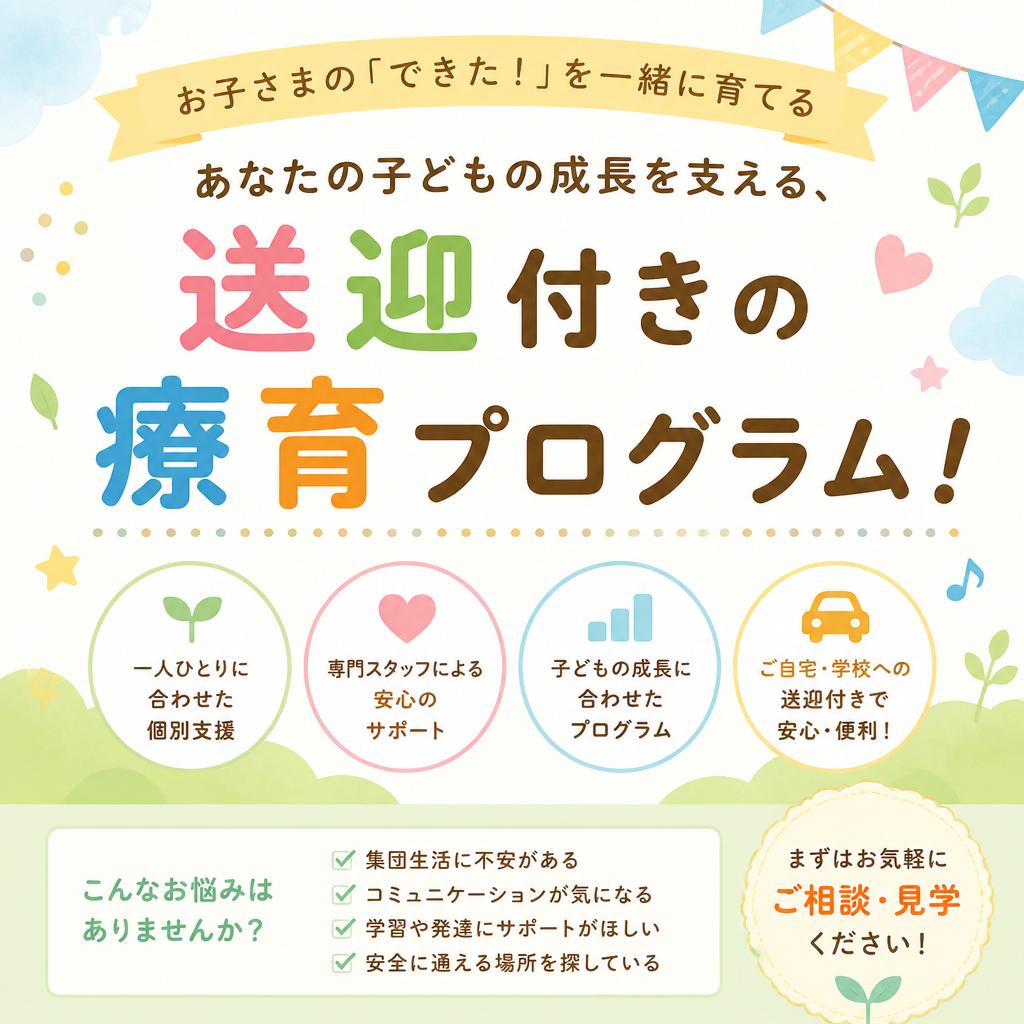 あなたの子どもの成長を支える、送迎付きの療育プログラム！