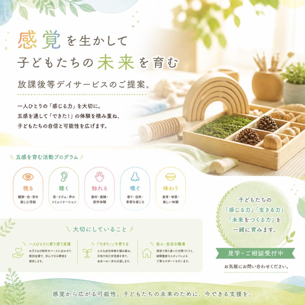 感覚を生かして子どもたちの未来を育む，放課後等デイサービスのご提案。